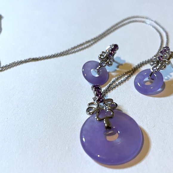 💜 Sterling Silver Lavender Jade Amethyst Earrings and Pendant Necklace Set 925 - Picture 5 of 15